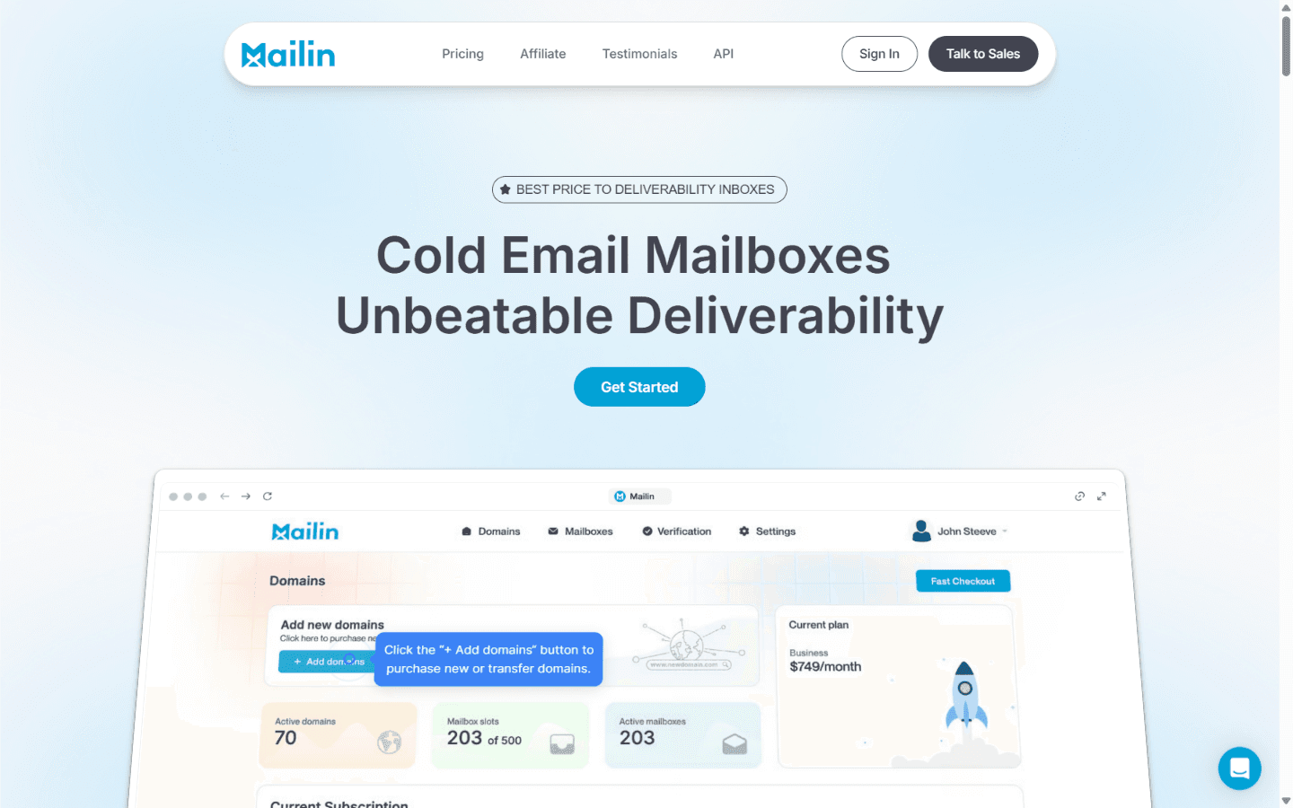 Mailin.ai homepage advertising best-price-to-deliverability cold email inboxes across SMTP, Google, and Microsoft