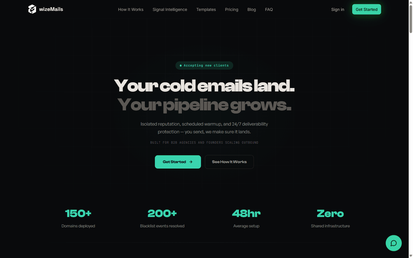 wizeMails homepage advertising managed and protected cold email deliverability with the Signal Intelligence Engine